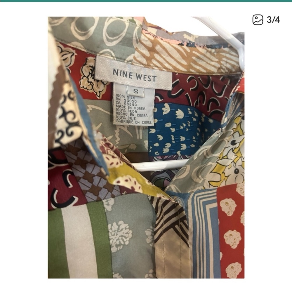 Vintage Nine West Silk Patchwork Button Down Blou… - image 2